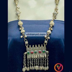 Vintage Long Chain Tribal Pendant Necklace, Gypsy Nomadic Ethnic Necklace